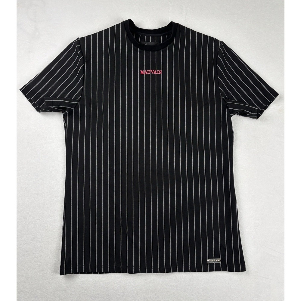 Mauvais Pinstripe T Shirt Black‎ White Striped Embroidered Logo Size Small